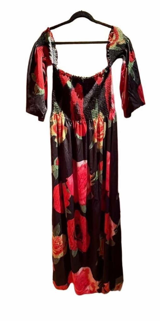 Missord Black and Red Floral Print Off-the-Shoulder Shirred Maxi Dress